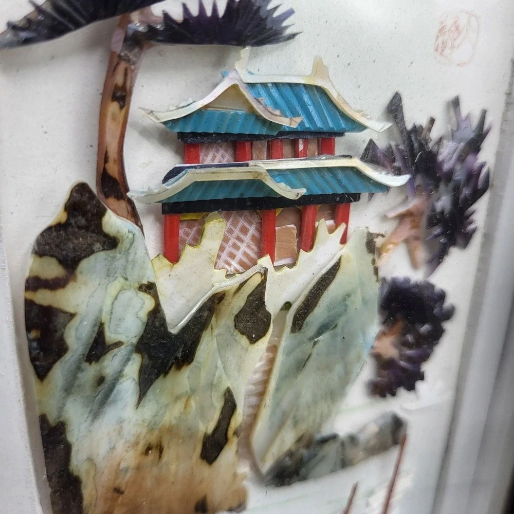 Vintage Chinese Shell Art Shadow Box Pagoda Landscape 3D Wall Decor 9
